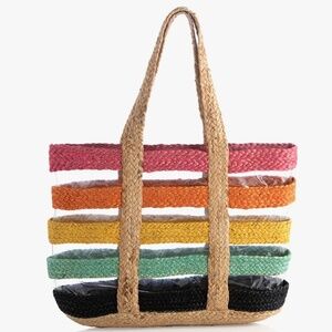Shiraleah Effie Beach Tote Travel Striped Handbag Jute Colorful Large Bag NEW